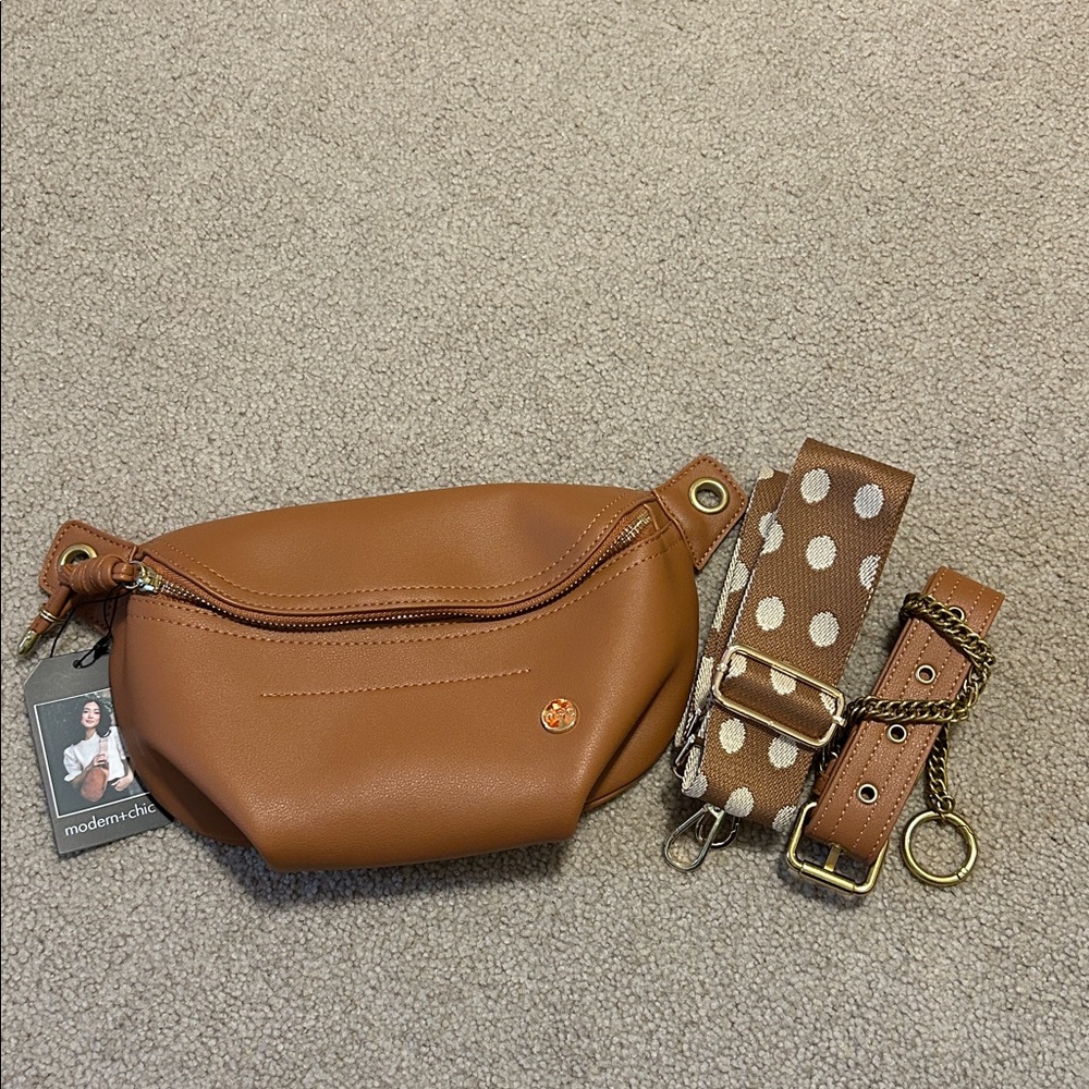 Brown Crossbody Bag with Polka Dot Strap